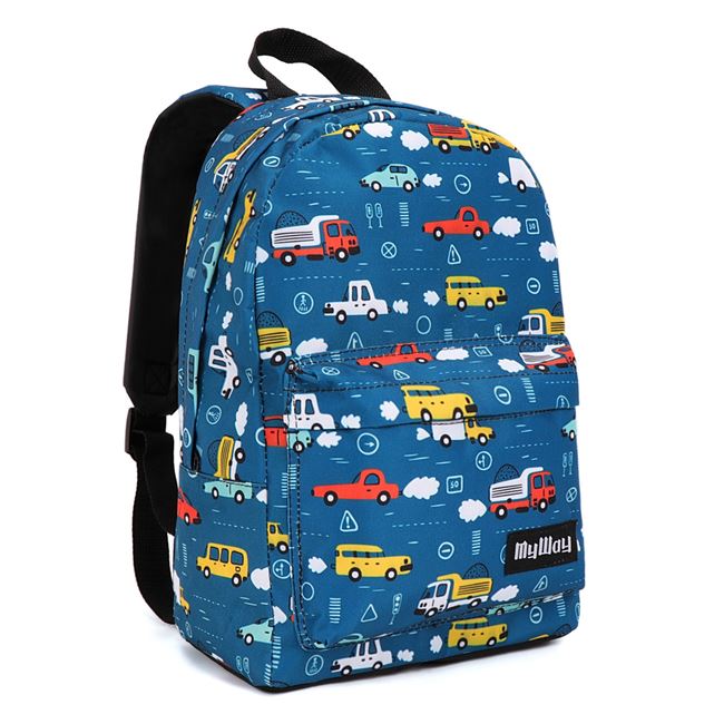 Ghiozdan VENITIVO® model masinute, pentru gradinita sau clasa pregatitoare cu 1 compartiment spatios, buzunar exterior cu fermoar, curele reglabile, spate moale si maner, L x l x H 23 x 11 x 34 cm