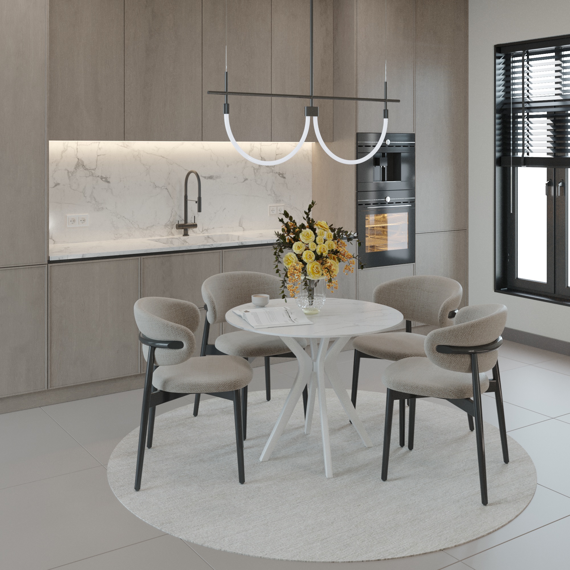 Masa rotunda dining VENITIVO®, blat MDF 90 cm, picioare material compozit, design modern, 75 cm inaltime, culoare alb marmura