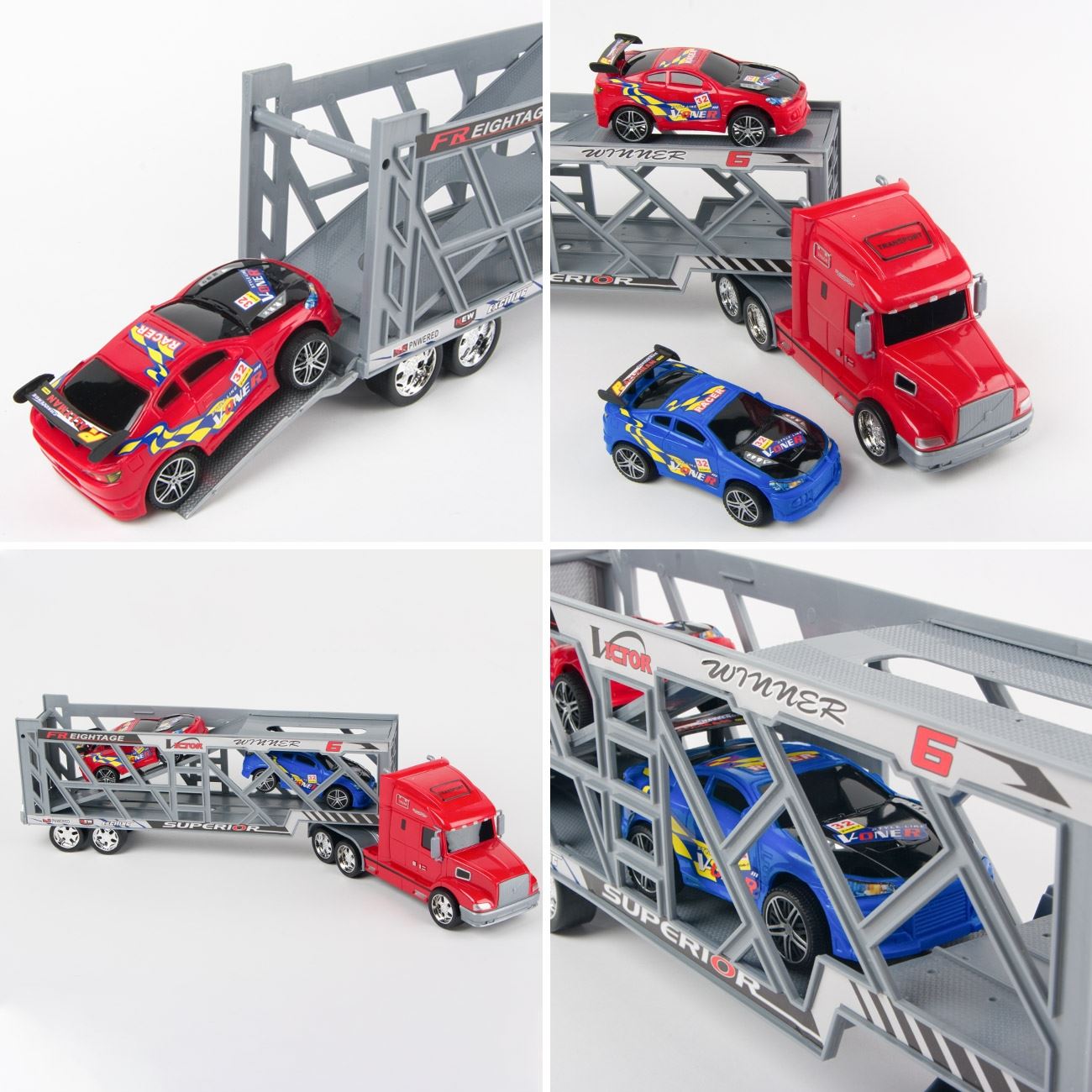 Masinuta Friction, Cali, camion cu platforma si masini, multicolor