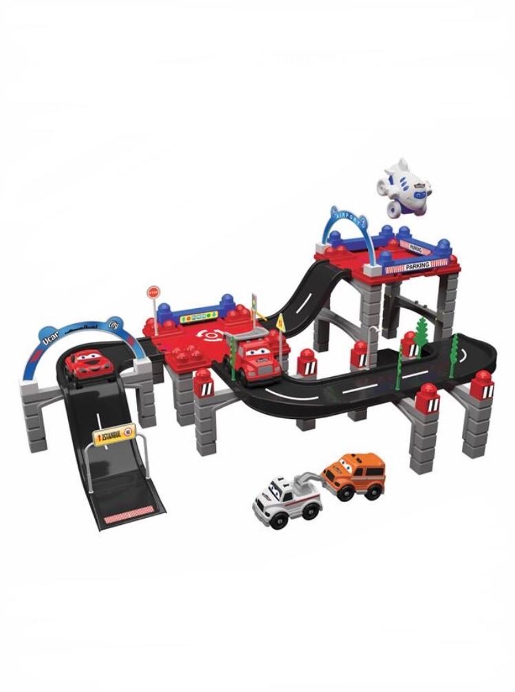 Set cuburi cu pist si garaj, Cali, cu masinute, 80 de piese