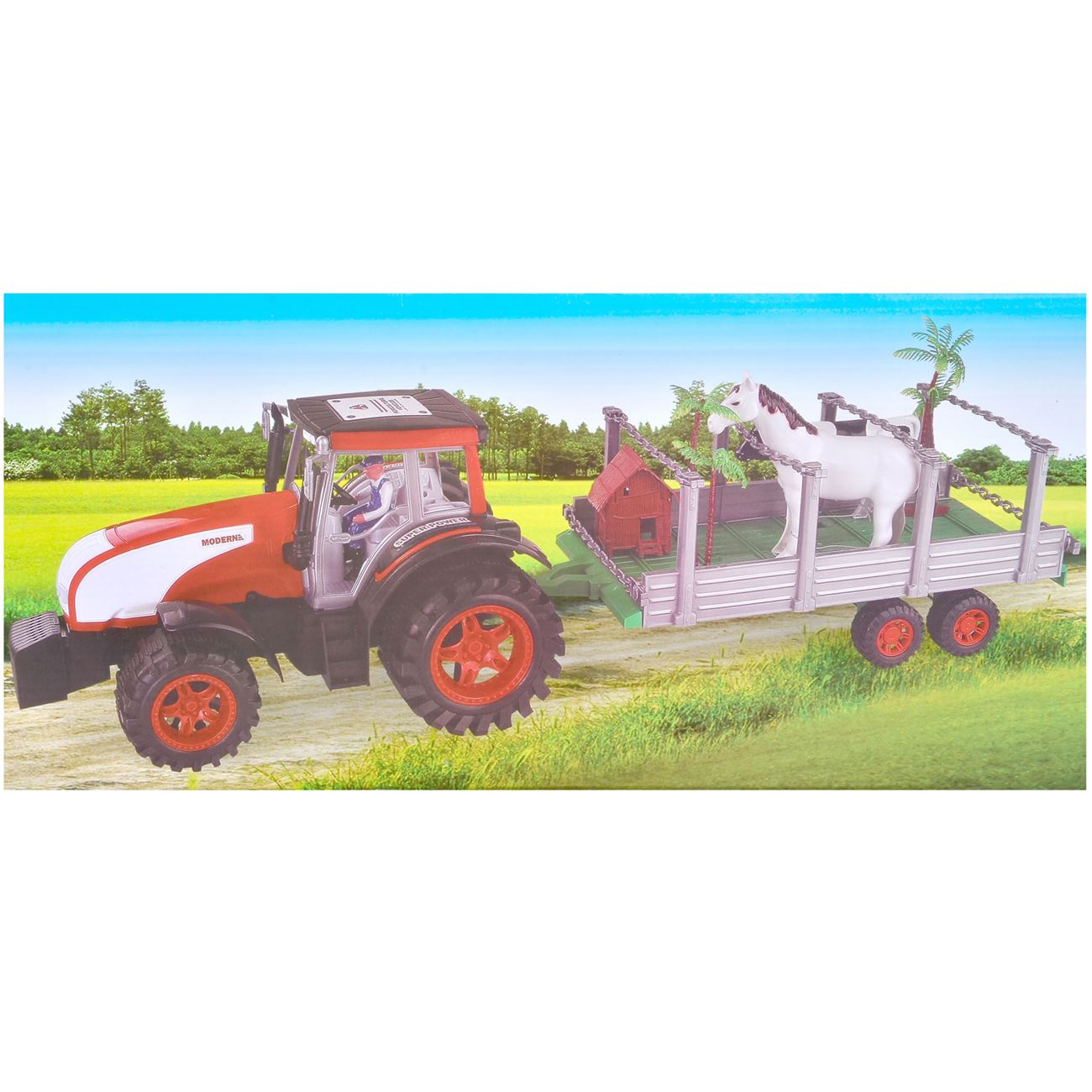 Tractor, Cali, cu remorca pentru animale, cu animale, sunete si plate, + 3 ani