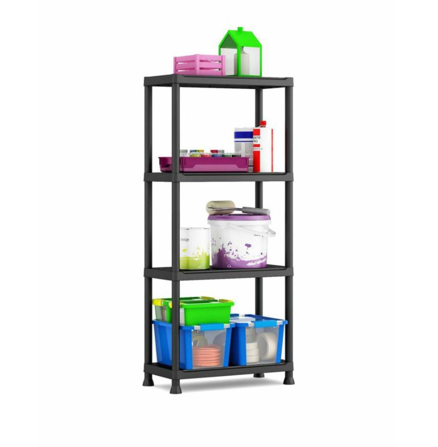 Raft din plastic CST, pentru depozitare, 4 polite, 135 x 60 x 30 cm, 20 kg/polita, negru