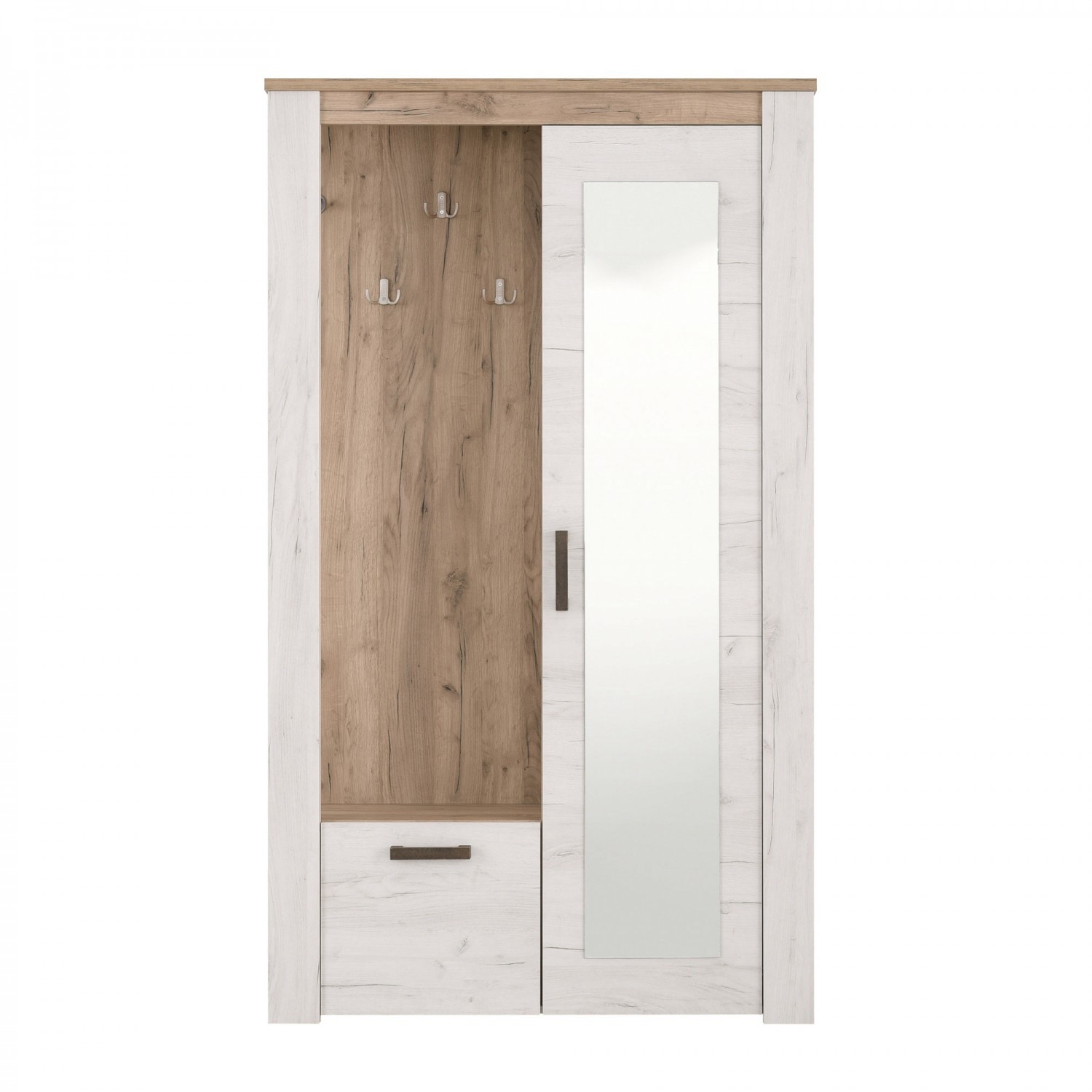 Cuier hol CALI cu 7 agatatori, oglinda, dulap si comoda, stejar alb cu stejar gri, 2 usi, 1140 x 365 x 1950 mm, 2C