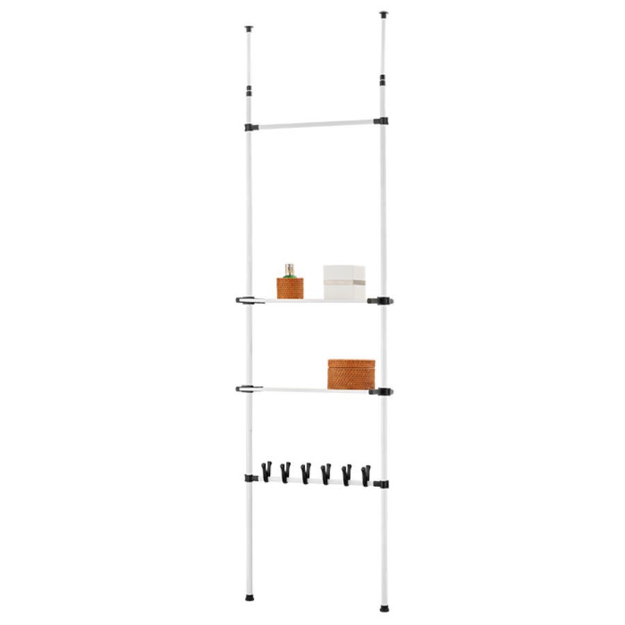 Cuier telescopic CALI cu bara umerase si rafturi, metal alb, plastic negru, 680 x 265 x 2400 / 2800 mm