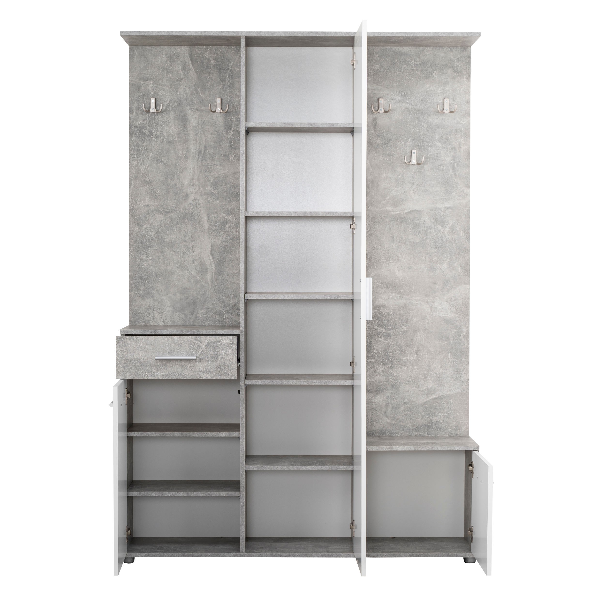 Cuier CALI hol cu 10 agatatori, oglinda, dulap si comoda, beton cu alb, 3 usi, 1335 x 330 x 1975 mm, 2C