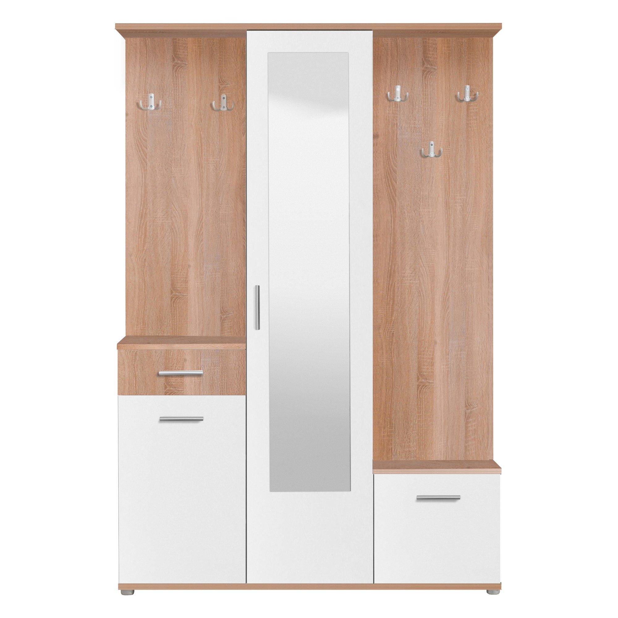 Cuier CALI hol cu 10 agatatori, oglinda, dulap si comoda, stejar sonoma cu alb, 3 usi, 1335 x 330 x 1975 mm, 2C