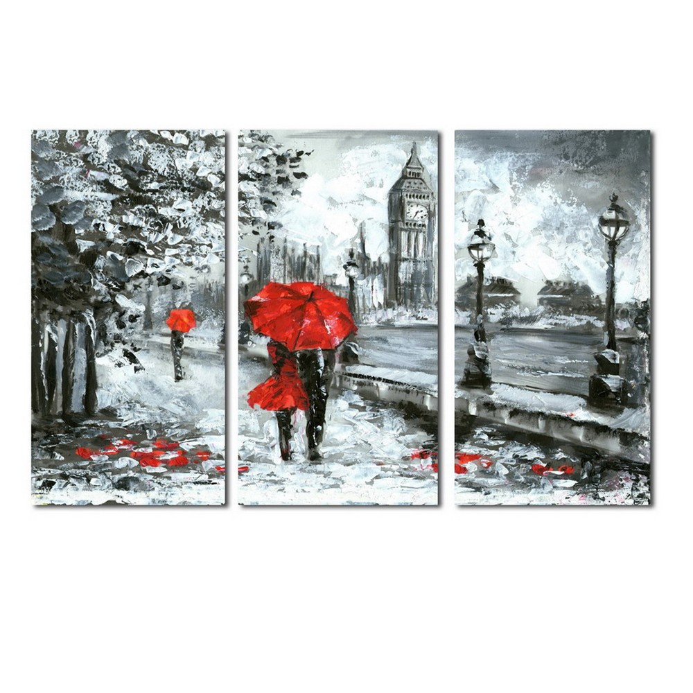 Tablou canvas 3 piese, stil arhitectura, 3 piese – 30 x 60 cm, nuante de alb, negru si rosu