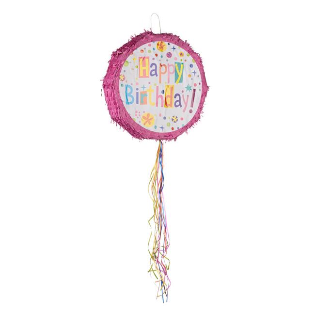 Pinata Party Pink imprimeu „Happy birthday” cu bata si ochelari, VENITIVO, din carton si hartie, asamblat, dimensiuni H x D 44 x 11 cm