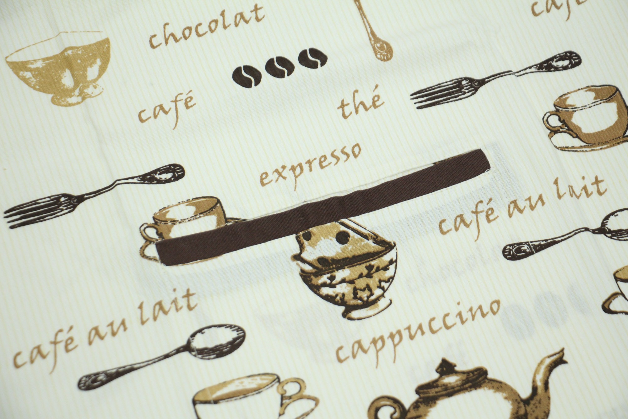 Sort bucatarie Cali, model cesti si boabe de cafea, bumbac, maro + crem, 90 x 70 cm