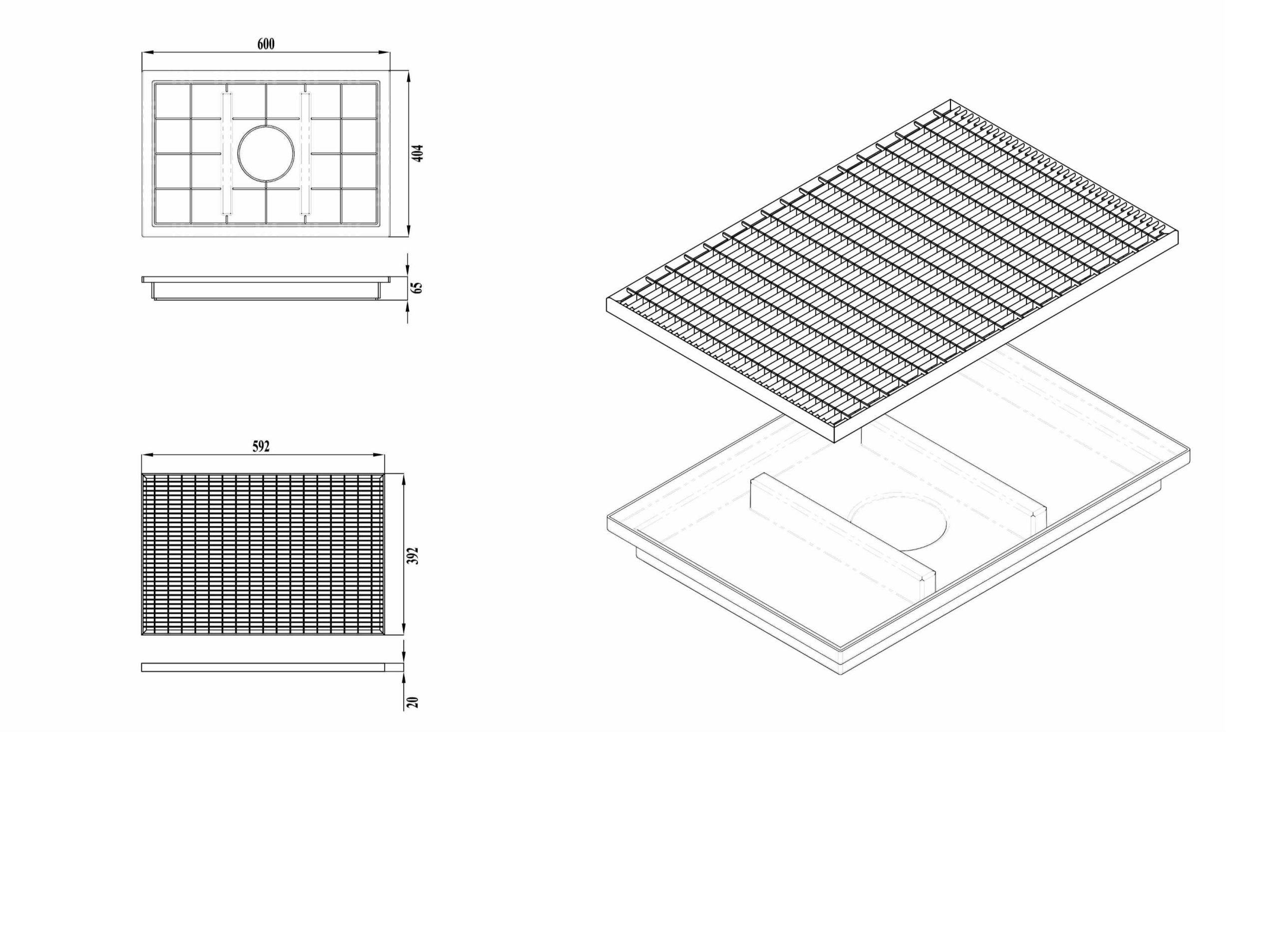 Stergator intrare Cali cu gratar otel zincat, 600 x 400 x 65 mm