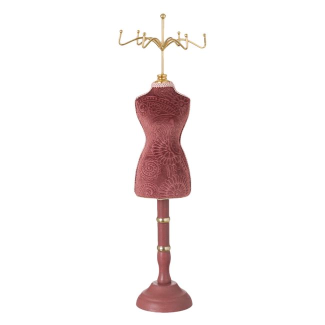 Suport bijuterii, CALI forma manechin, 6 umerase, catifea si metal, roz pudra, 12×40 cm
