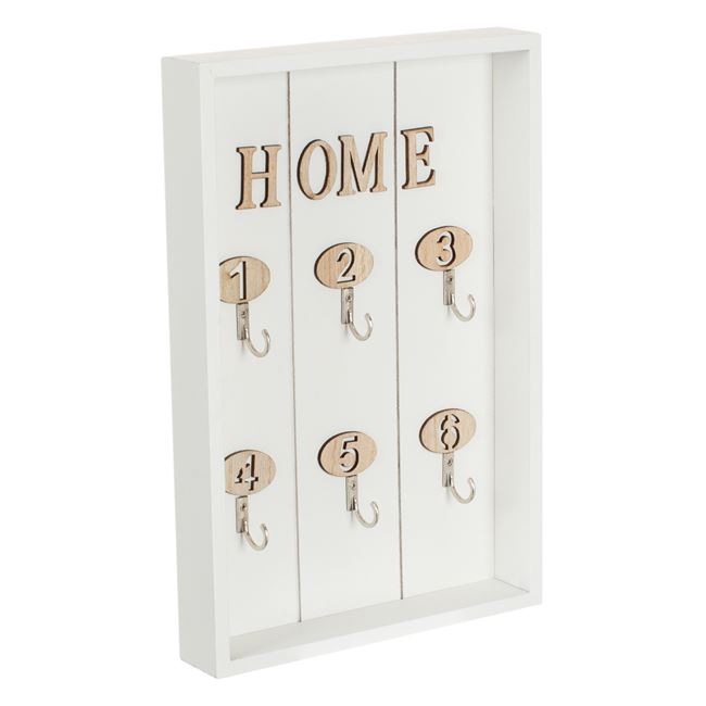 Cutie suport chei din lemn alb, VENITIVO  , cu 6 carlige numerotate,  30 x 20 x 3.5 cm