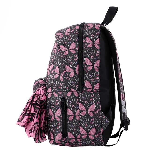 Ghiozdan cu 2 compartimente mari model Fluturi cu bandana, buzunar fata cu fermoar, buzunar lateral cu fermoar, spate intarit, bretele ajustabile cu dungi reflectorizante, Gri Roz, 36 x 45 x 16 cm
