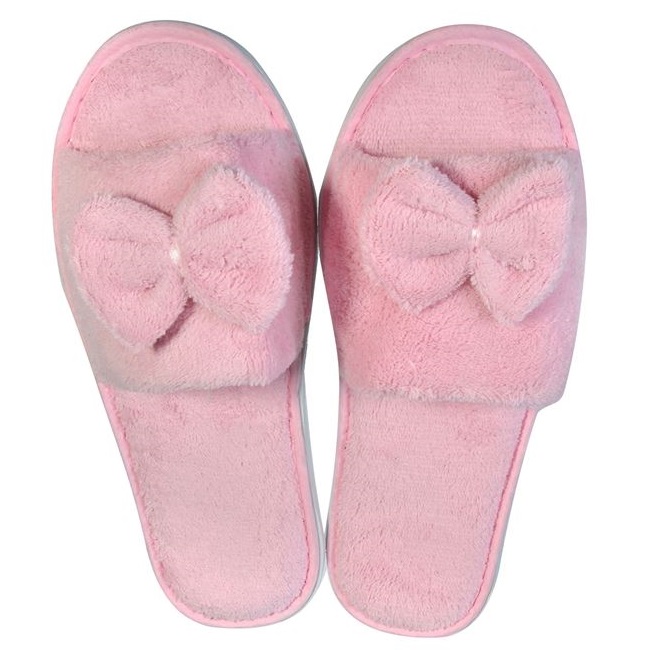 Papuci de casa sau baie tip prosop VENITIVO , decupati, pentru dama, cu funda, marime 36-38, culoare roz