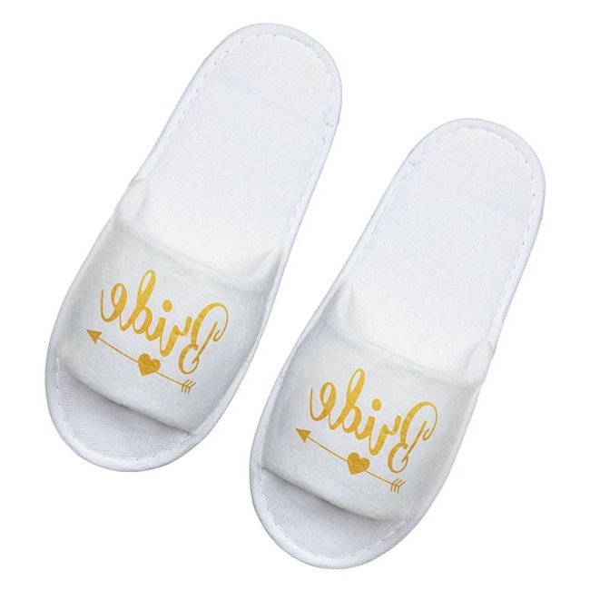 Papuci de casa sau baie VENITIVO , decupati cu print auriu Bride, marime universala, L x l 28 cm x 11 cm, albi