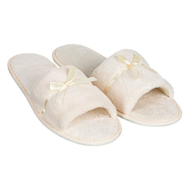 Papuci de casa sau baie tip prosop VENITIVO , decupati, pentru dama, cu funda, marime 36-38, culoare ecru