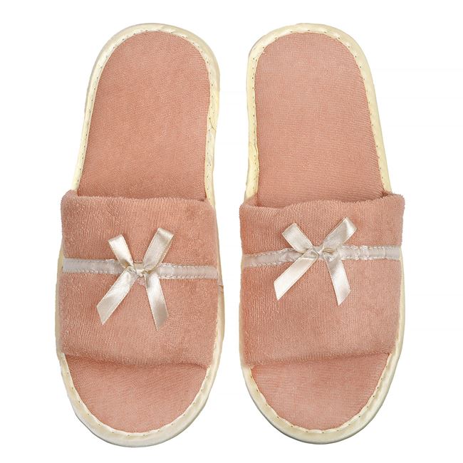 Papuci de casa sau baie tip prosop VENITIVO , decupati, pentru dama, cu funda, marime 39 – 41, culoare bej rose