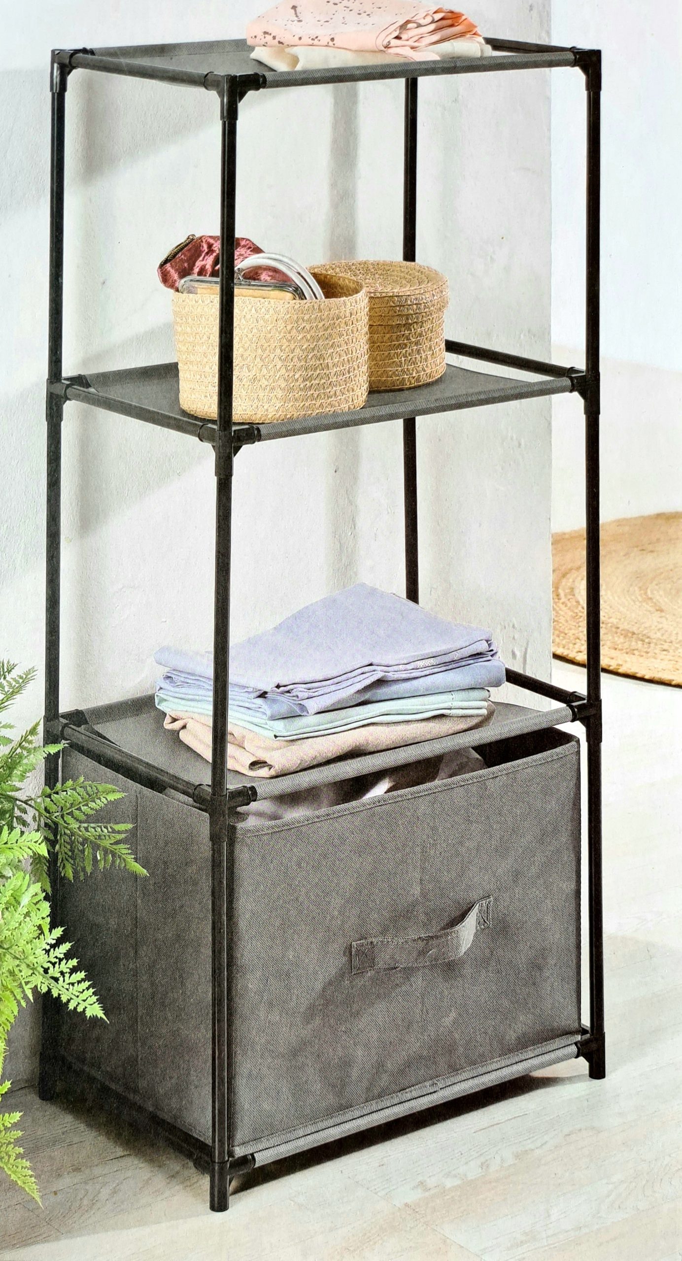 Dulap din metal cu 3 rafturi si o cutie pentru baie, latime 43 cm x inaltime 95 cm x adancime 28 cm, gri-negru