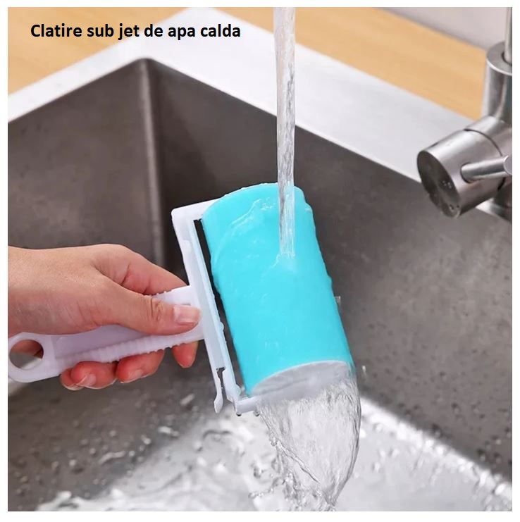 Rola din silicon pentru curatarea hainelor si textilelor, VENITIVO, reutilizabila si lavabila, albastra, maner din plastic, 18x11x5 cm