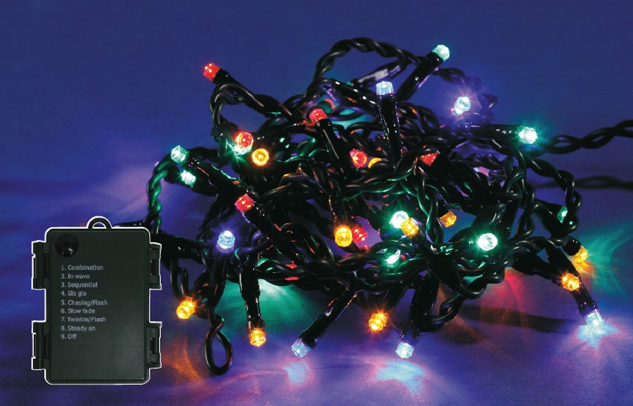 Instalatie brad Craciun, Cali, 60 LED-uri multicolore, 5.9 m, controler, interior si exterior, alimentare baterii