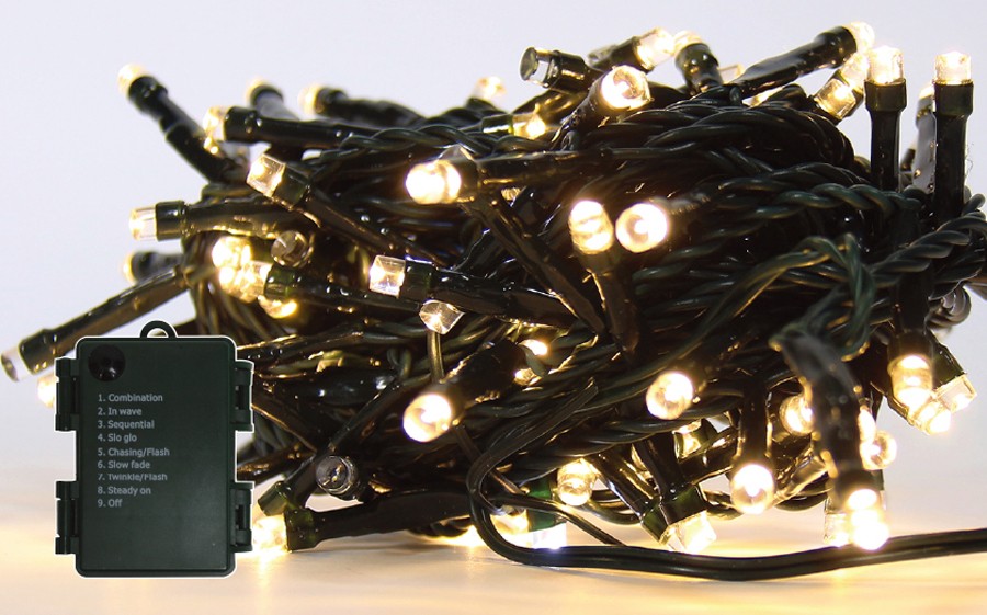 Instalatie brad Craciun, Cali, 60 LED-uri albe cu lumina calda, 5.9 m, controler, interior / exterior, alimentare baterii