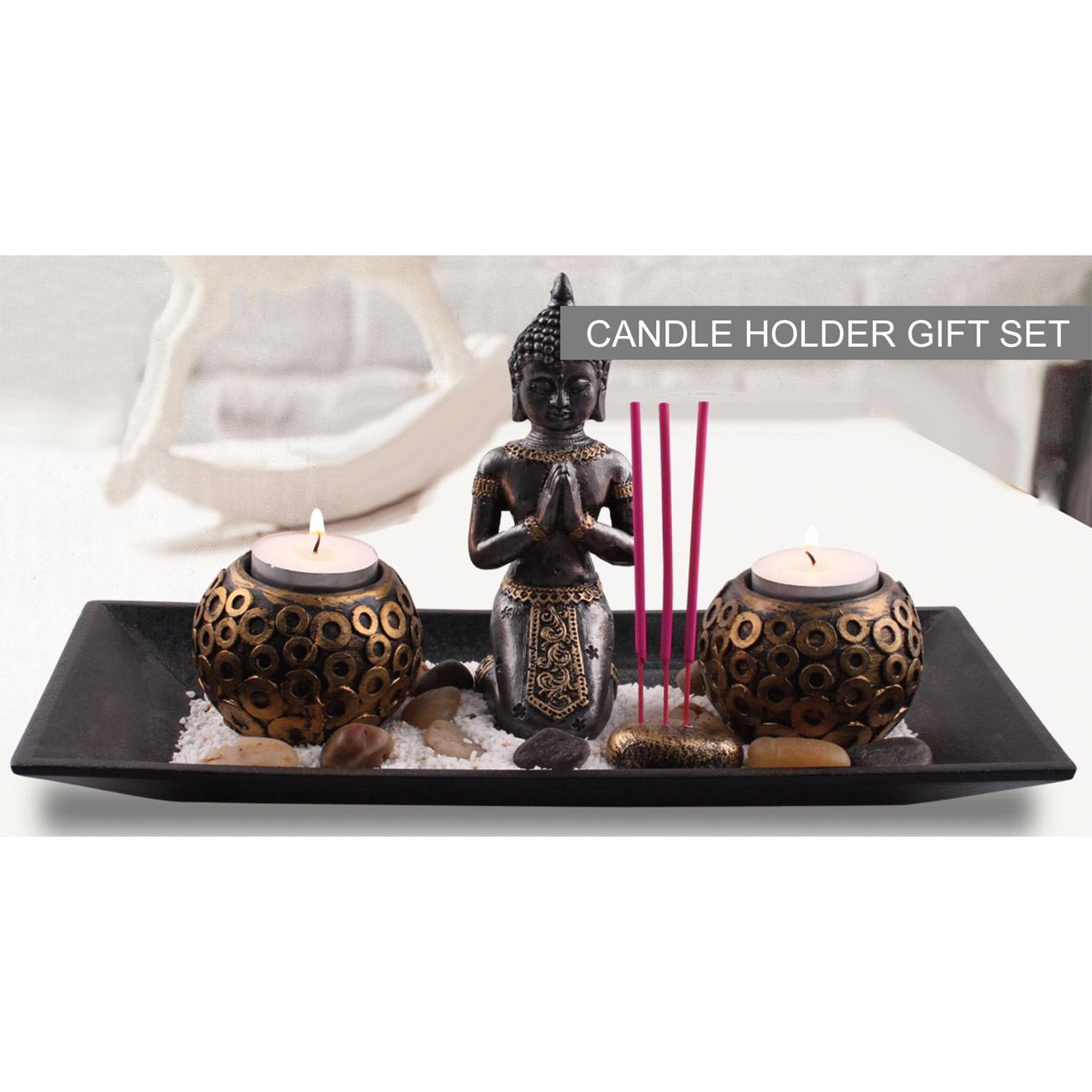 Suport din lemn Budha, cu 2 recipiente pentru lumanarele, 29×15 cm