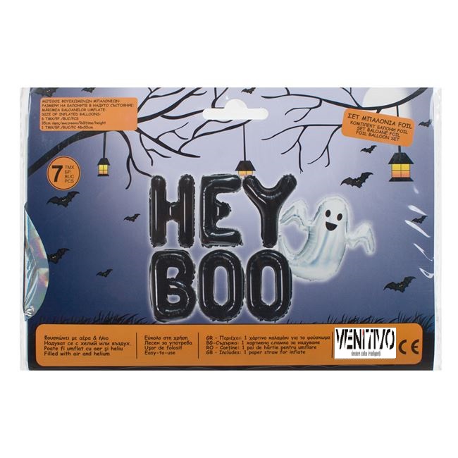 Set VENITIVO format din 7 baloane petrecere de Halloween MODEL „HEY BOO” cu imagine fantoma, alb negru