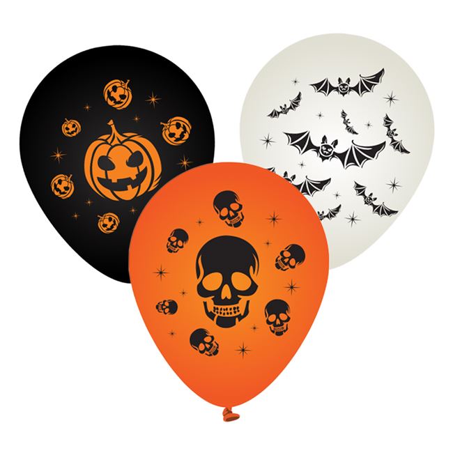 Set 16 baloane pentru Halloween, VENITIVO, 30 cm, cu imagine de craniu, lilieci si dovleac