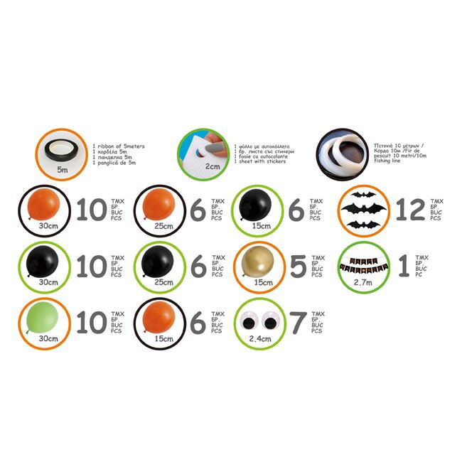 Set VENITIVO format din 60 de piese Halloween 30 de baloane de 30 cm, 12 baloane de 25 cm, 17 baloane de 15 cm, 7 baloane cu ochi, 12 lilieci, 1 ghirlanda „Happy Halloween”, 1 panglica de 5m, 1 foaie cu autocolante si 1 fir de 10 m