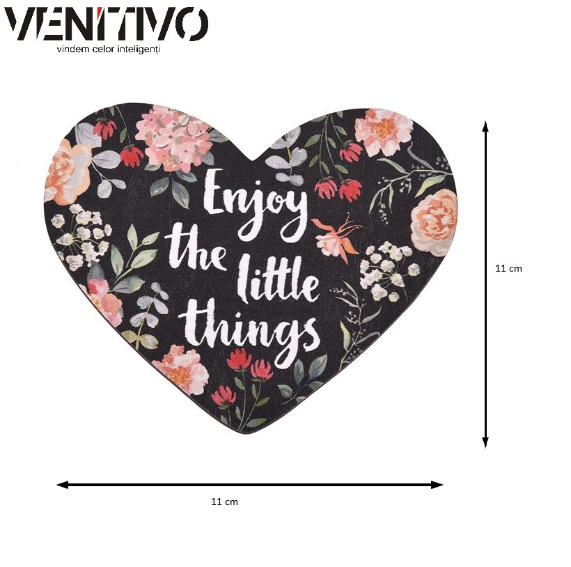 Suport VENITIVO pentru cani si pahare format din 4 bucati, coaster, model Inima cu mesaj motivational, material lemn, antiderapant, 11 cm x 11 cm, negru