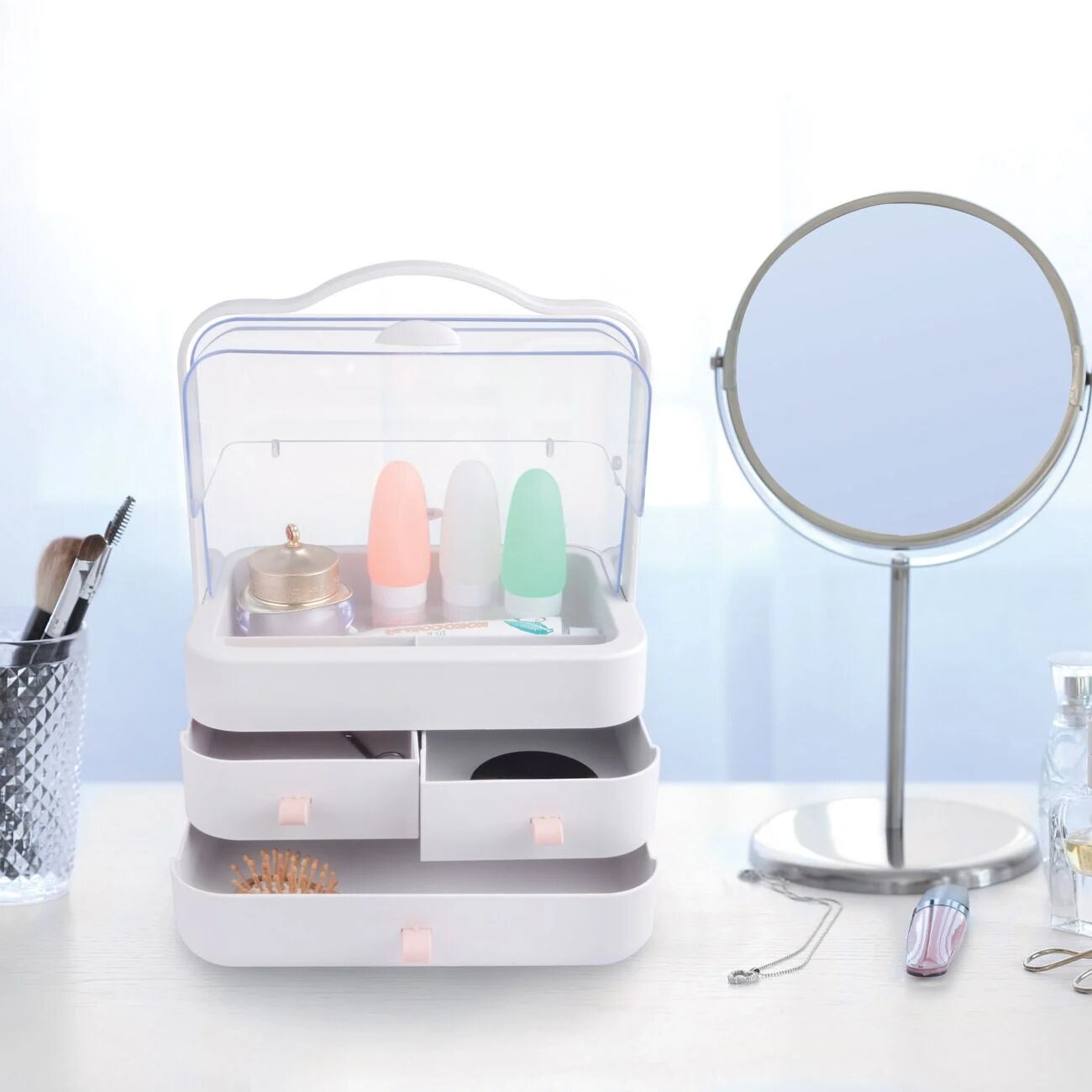 Organizator cosmetice tip valiza, Cali, ABS cu 3 sertare, Alb, 26x36x18 cm