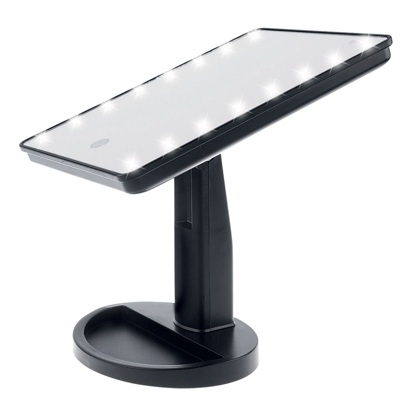Oglinda cosmetica, Cali, negru cu picior, pentru machiaj cu 16 LED-uri, 17x27x12 cm