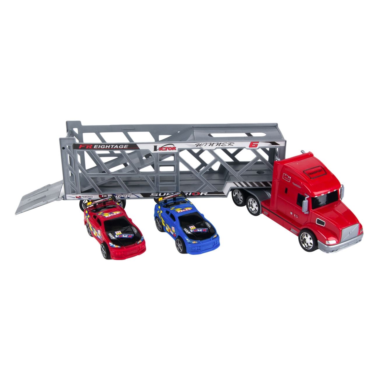 Masinuta Friction, Cali, camion cu platforma si masini, multicolor