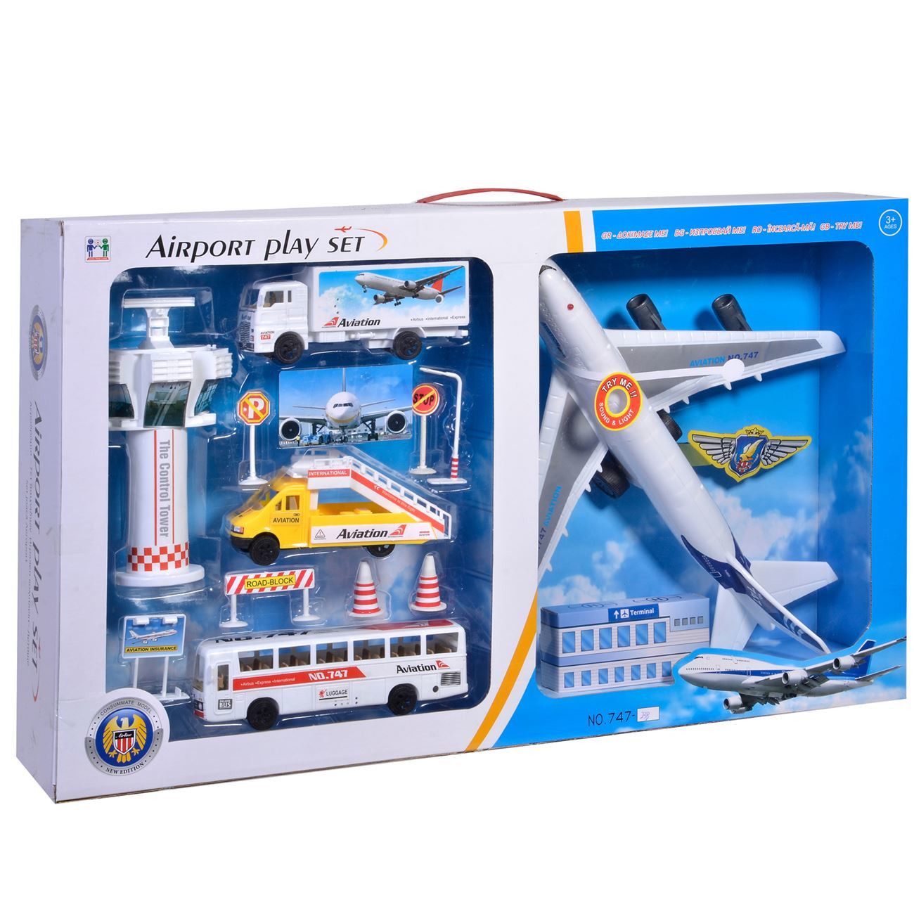 Set aeroport, Cali, avion cu vehicul si turn de control, 74x44x12 cm