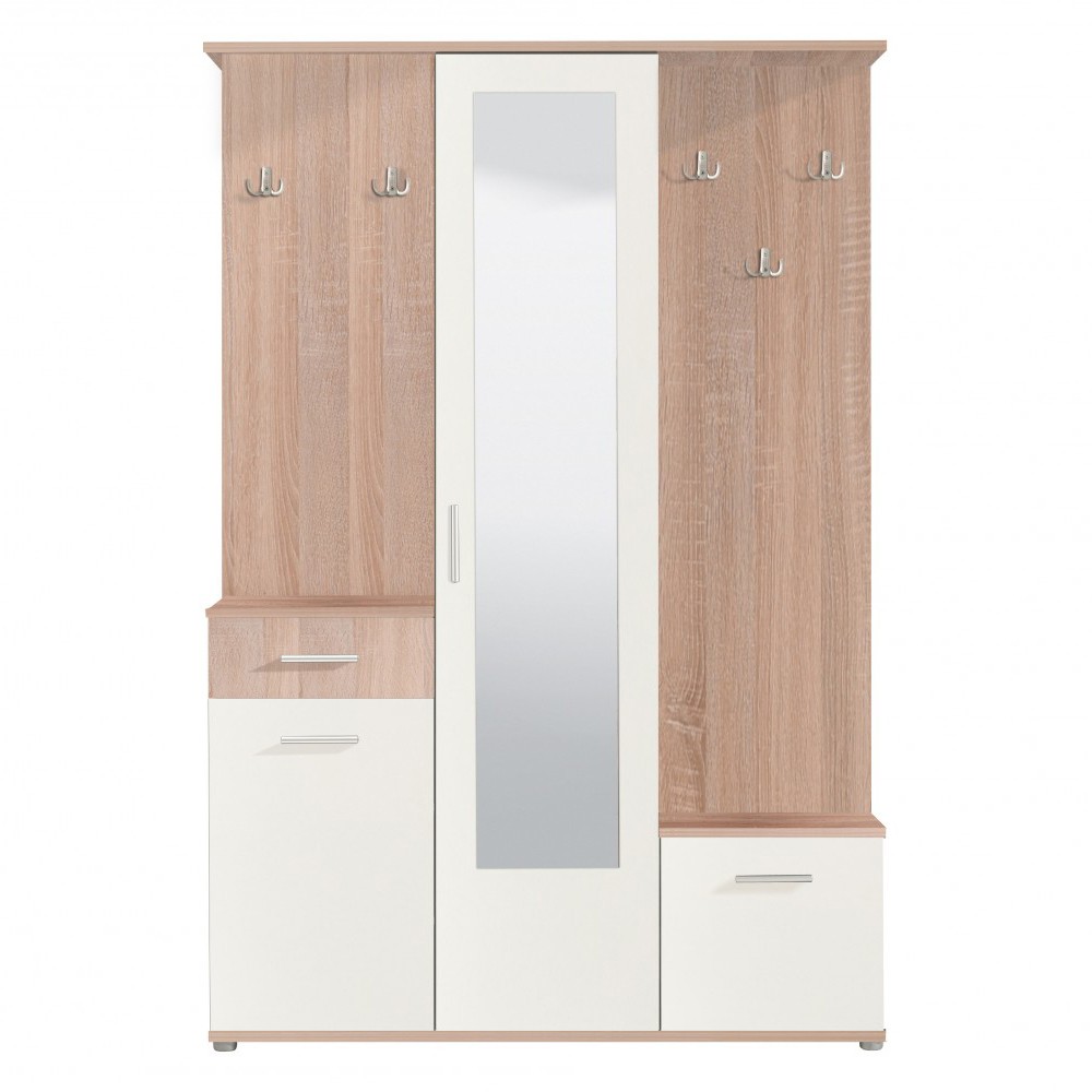 Cuier CALI hol cu 10 agatatori, oglinda, dulap si comoda, stejar sonoma cu alb, 3 usi, 1335 x 330 x 1975 mm, 2C