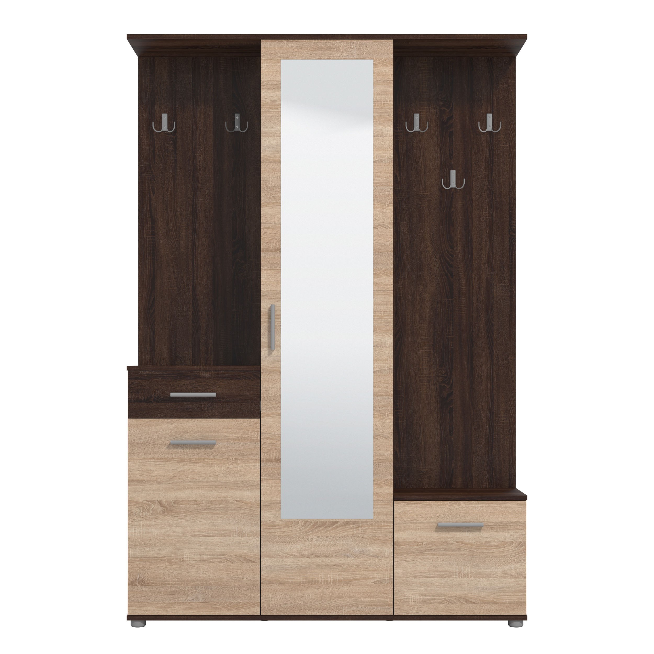 Cuier hol CALI cu 10 agatatori, oglinda, dulap si comoda, sonoma dark cu sonoma, 3 usi, 1335 x 330 x 1975 mm, 2C