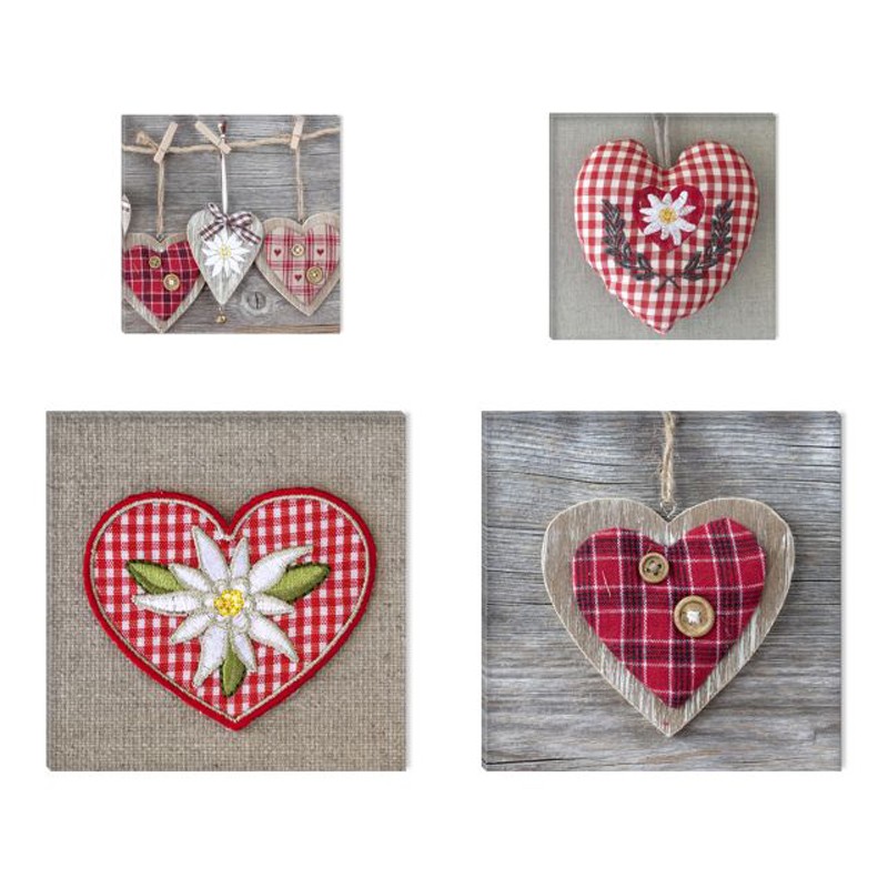 Tablou, 4 piese, Inimi COL003, Cali, canvas + lemn de brad, 2 piese – 30 x 30 cm + 2 piese – 20 x 20 cm