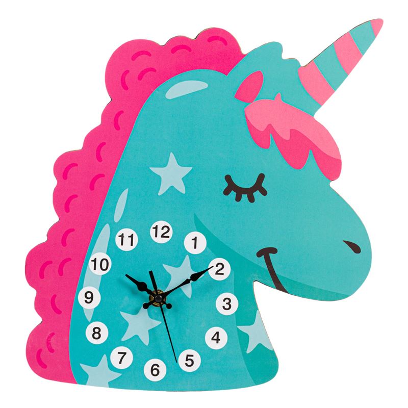 Ceas de perete decorativ pentru copii, Cali, model unicorn, 30 x 27 x 0.5 cm