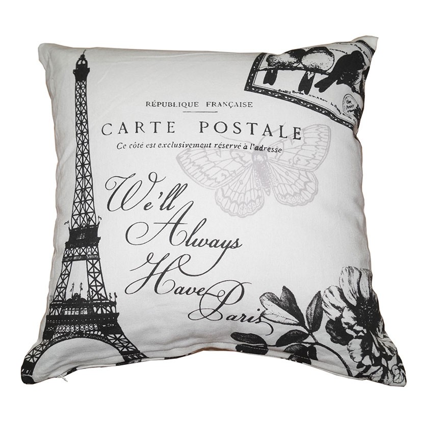 Perna decor Cali, alb + negru, bumbac + poliester, cu print vintage, 40 x 40 cm
