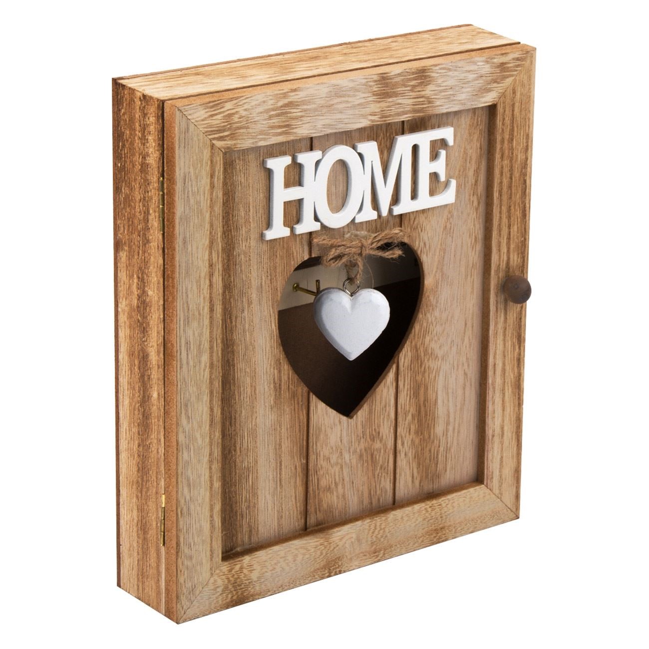 Cutie decorativa de lemn pentru chei, alb cu maro, include o inima suspendata, 2 rafturi cu 6 locuri,26 cm
