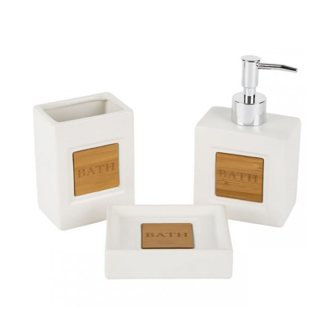 Set din ceramica pentru baie, 3 piese, pahar pentru periuta de dinti, sapuniera, dozator sapun lichid, decor baie, alb