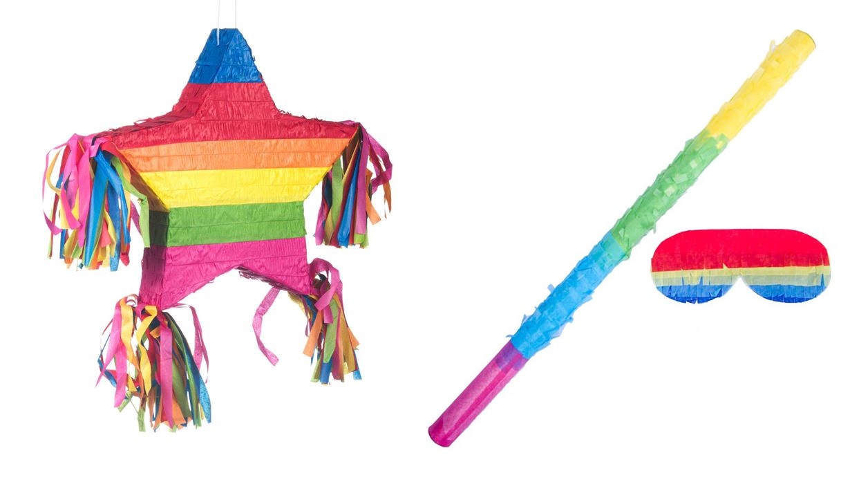 Pinata party STEA colorata curcubeu cu bata, ochelari si 50 de Jucarii, VENITIVO, din carton si hartie, asamblat, dimensiuni L x l x H 50 x 8 x 50 cm