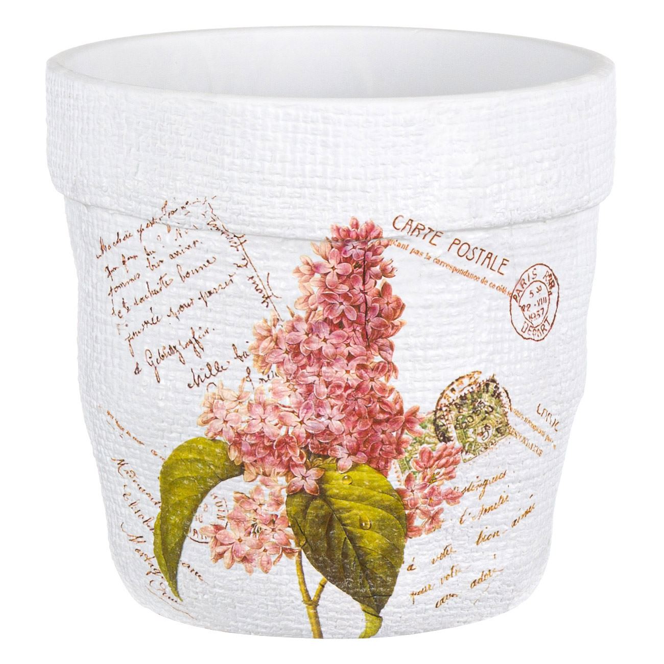 Ghiveci ceramic alb, imprimeu zambila, 16 x 15.5 cm