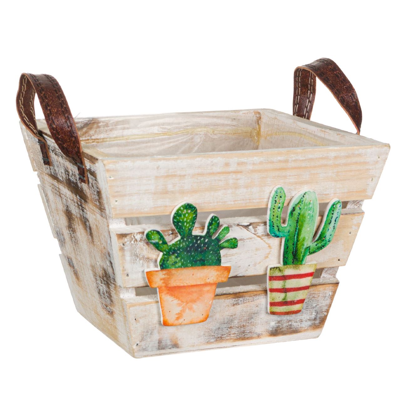 Ghiveci din lemn, imprimeu cactus, cu maner, 17 x 17 x 12 cm