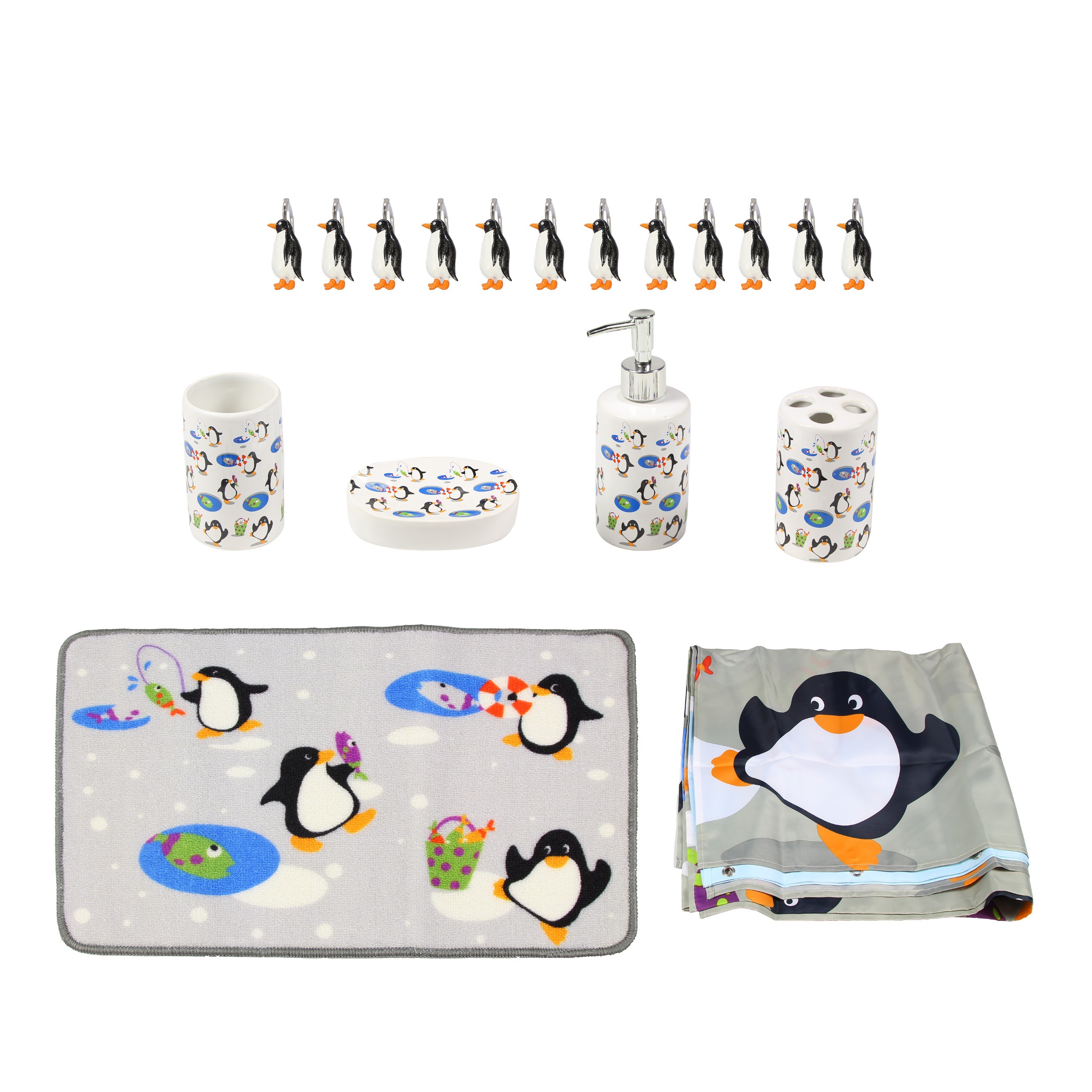 Set accesorii pentru baie, Cali Pingu, 18 piese