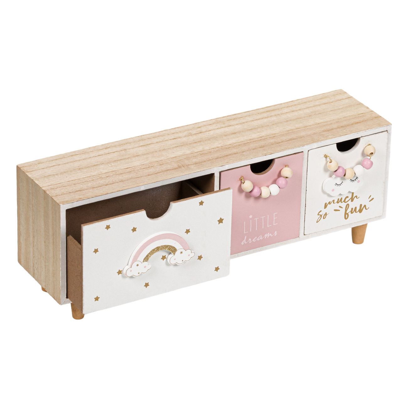 Cutie din lemn cu model, Cali, 3 sertare, 39.5×14.5×10 cm, Rainbow
