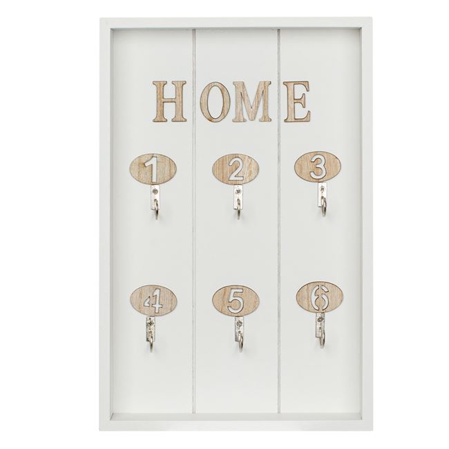 Cutie suport chei din lemn alb, VENITIVO  , cu 6 carlige numerotate,  30 x 20 x 3.5 cm