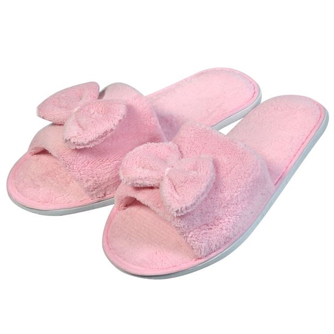 Papuci de casa sau baie tip prosop VENITIVO , decupati, pentru dama, cu funda, marime 36-38, culoare roz