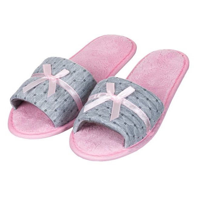 Papuci de casa sau baie tip prosop VENITIVO , decupati, pentru dama, cu funda, marime 39-41, culoare roz gri