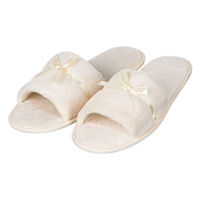 Papuci de casa sau baie tip prosop VENITIVO , decupati, pentru dama, cu funda, marime 39-41, culoare ecru